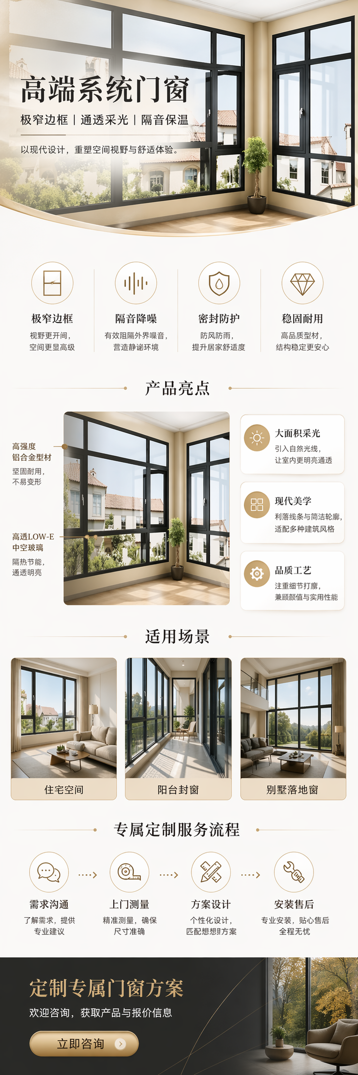 高端系统门窗产品详情，包含产品亮点、适用场景和定制服务流程